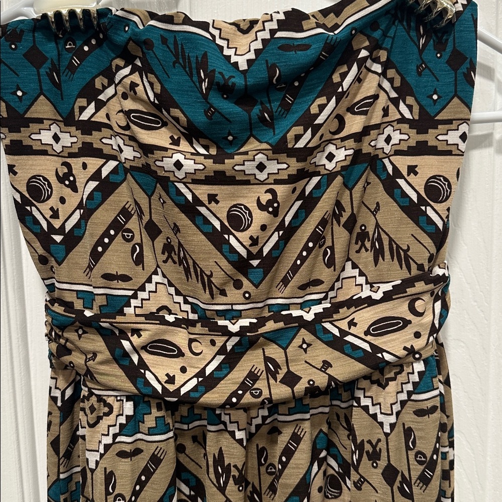 Fantastic Fawn Strapless Dress in Teal and Tan - Picture 2 of 2